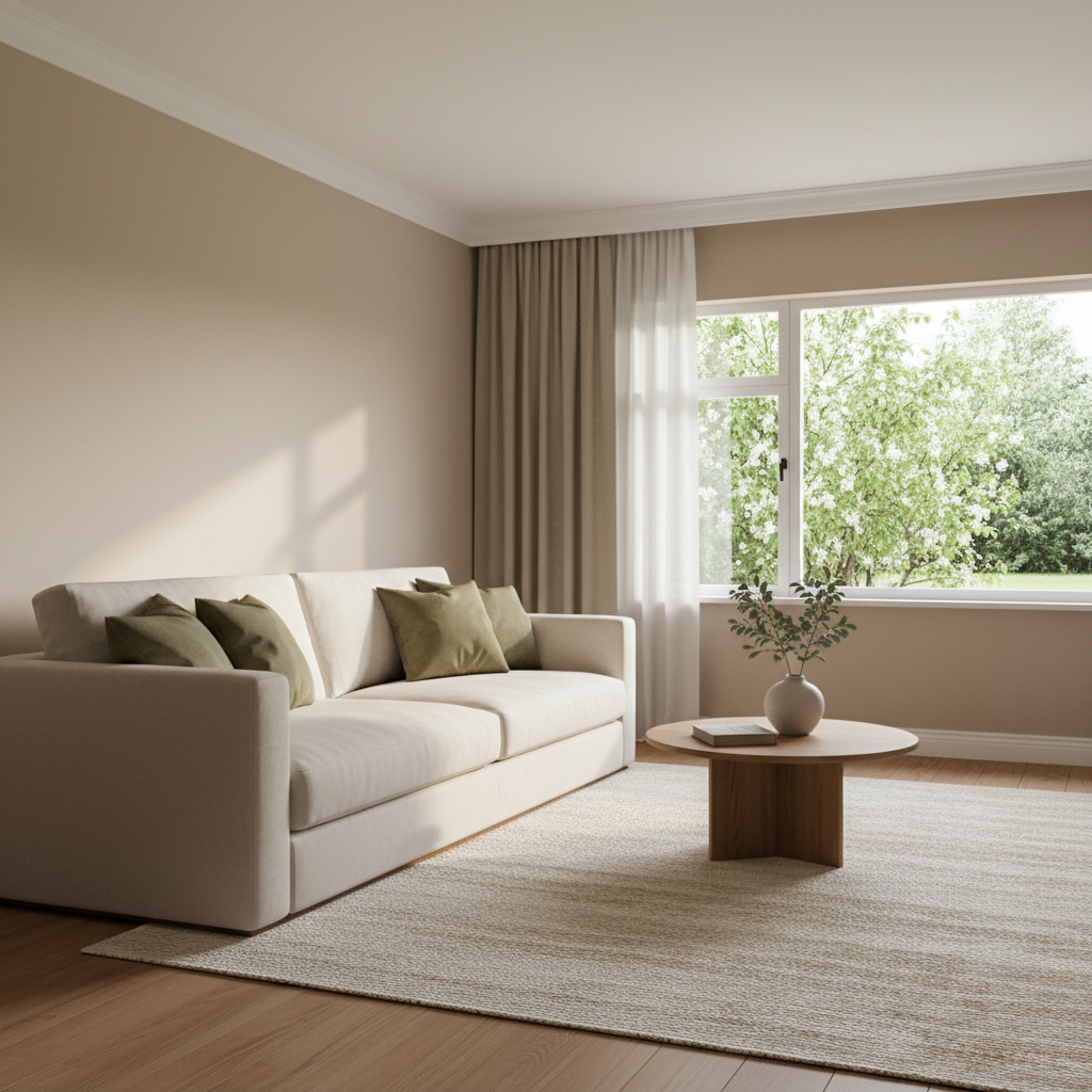 Elegancki salon, w którym dominują odcienie beżu i piasku na ścianach. Duża, wygodna sofa w kolorze złamanej bieli jest ozdobiona poduszkami w odcieniach oliwkowej zieleni. Na drewnianej podłodze leży miękki dywan, a przez duże okno widać zieleń ogrodu, co tworzy spójną i harmonijną całość.