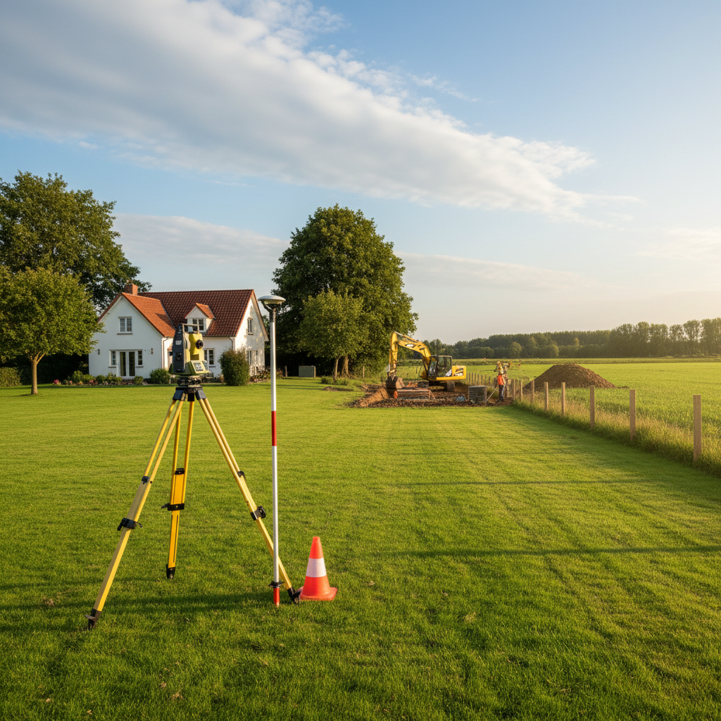 Sprzęt geodezyjny stojący na zielonej, zadbanej działce z domem w tle. W oddali widać początki prac budowlanych, co symbolizuje nieoczekiwane wejście inwestora na prywatny teren. Słoneczny, spokojny dzień, co potęguje kontrast.