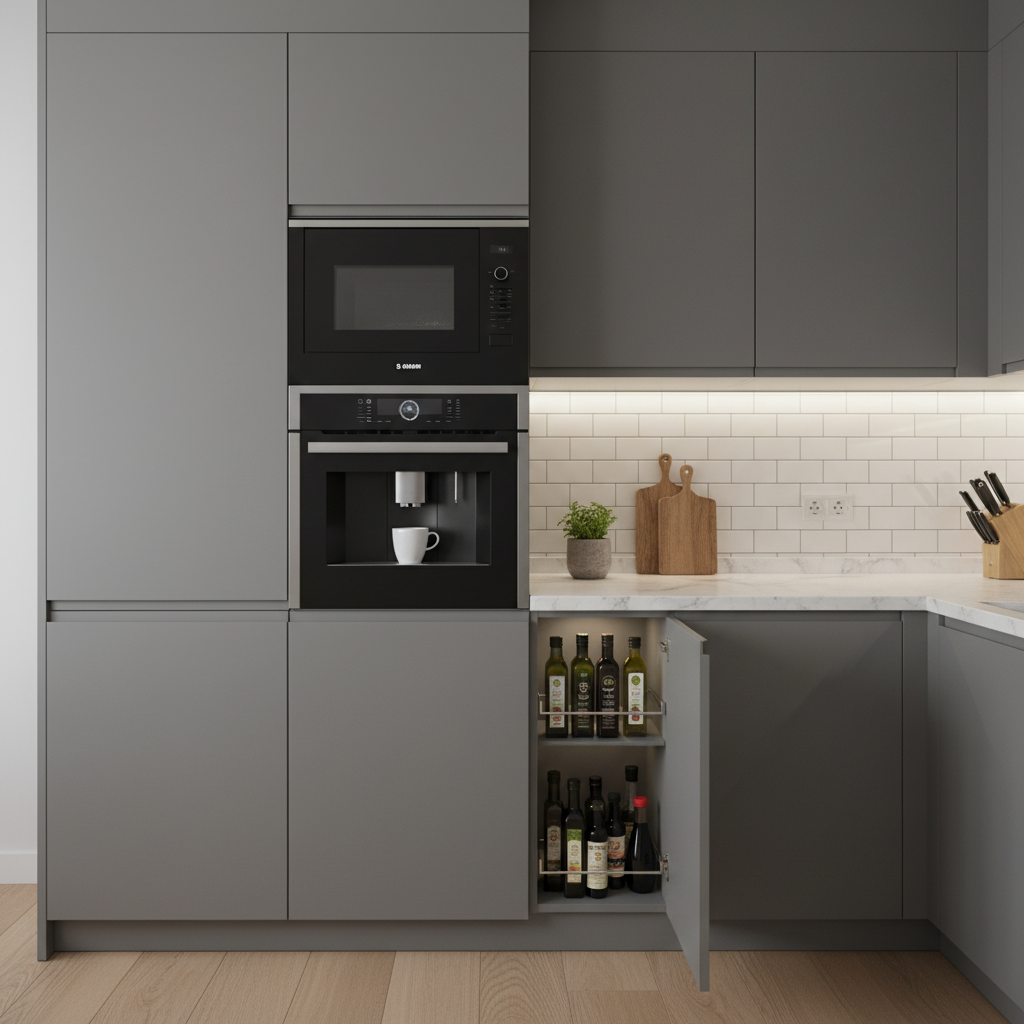 Elegancka, szara zabudowa kuchenna z idealnie wkomponowanymi sprzętami AGD. Widoczny jest kompaktowy piekarnik z funkcją mikrofali, a pod nim wbudowany ekspres do kawy. Obok znajduje się wąska, wysuwana szafka cargo, częściowo wysunięta, ukazująca butelki z oliwą i sosami.