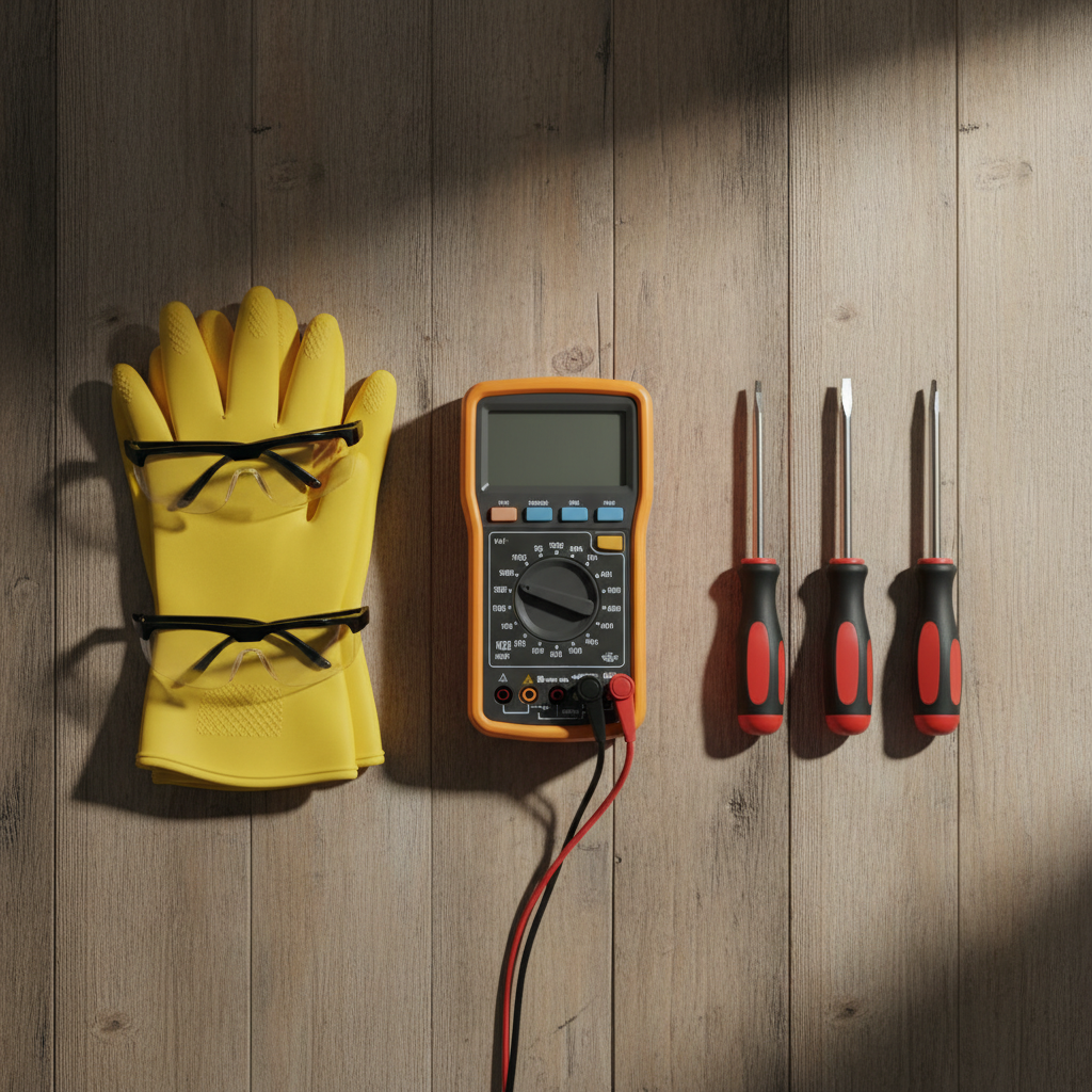 Estetyczne, minimalistyczne ujęcie z góry na starannie ułożony na drewnianym stole warsztatowym profesjonalny sprzęt elektryka. W centrum znajduje się nowoczesny, cyfrowy multimetr, obok niego leżą żółte rękawice izolacyjne, przezroczyste okulary ochronne oraz kilka izolowanych wkrętaków. Kompozycja podkreśla profesjonalizm i dbałość o jakość narzędzi.