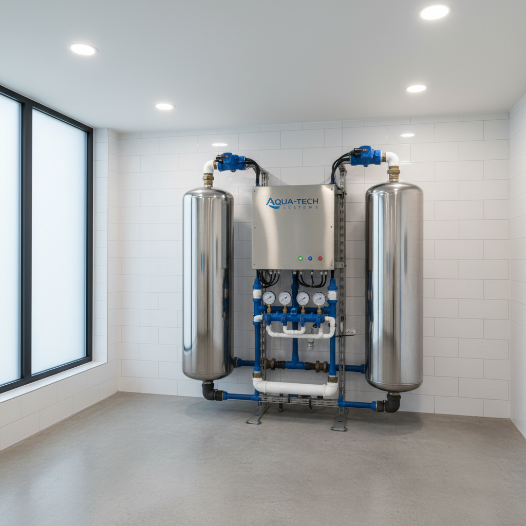 Nowoczesna, kompaktowa stacja uzdatniania wody zainstalowana w czystym, dobrze oświetlonym pomieszczeniu gospodarczym. Błyszczące, metalowe zbiorniki, niebieskie i białe elementy, widoczne manometry. Estetyka high-tech i profesjonalizmu.