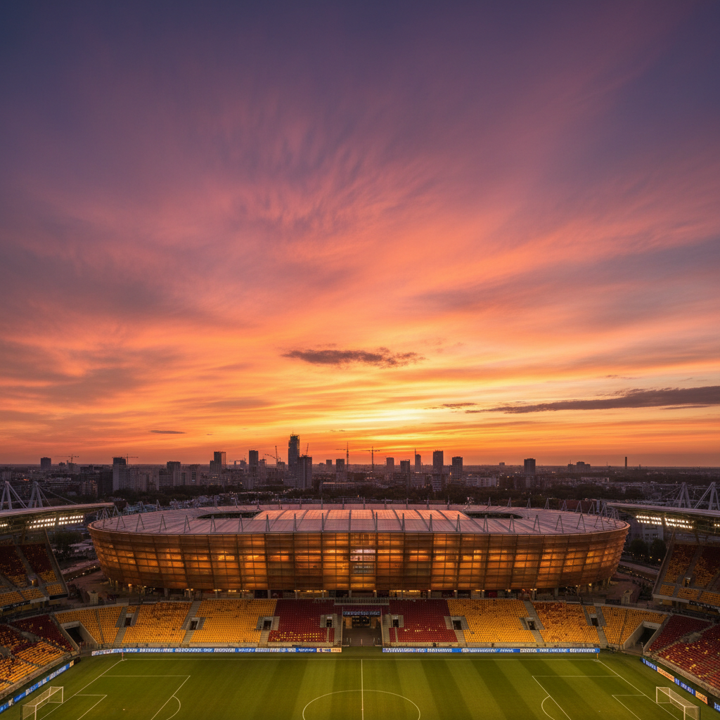 Zjawiskowe, szerokokątne ujęcie stadionu PGE Arena w Gdańsku o zachodzie słońca. Niebo ma odcienie pomarańczu i fioletu, a bursztynowa fasada stadionu świeci ciepłym, wewnętrznym blaskiem, przypominając prawdziwy bursztyn. W tle widać delikatny zarys panoramy miasta.