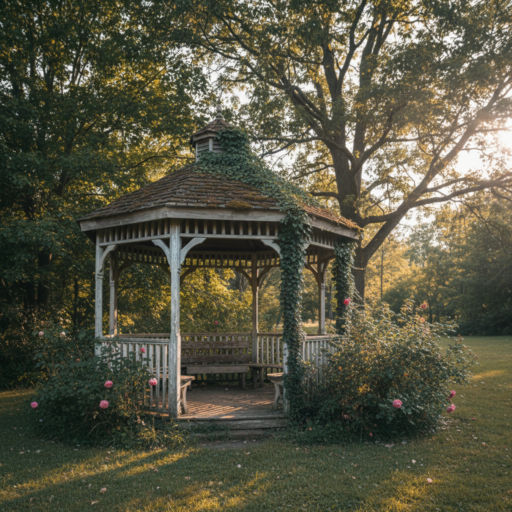 Zdjęcie przedstawia urokliwą, starą, drewnianą altanę w rogu ogrodu, częściowo porośniętą bluszczem. Słońce prześwieca przez liście drzew, tworząc malownicze cienie. Altana jest w dobrym stanie, ale widać na niej upływ czasu, co sugeruje, że może być kandydatem do rozbiórki lub renowacji.