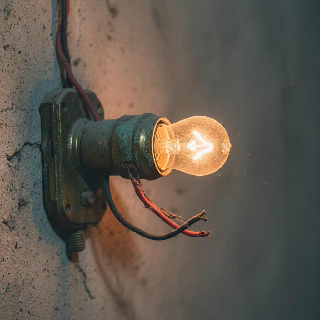 Zbliżenie na starą, lekko zaśniedziałą oprawkę żarówki z widocznymi przewodami, w surowym, betonowym otoczeniu piwnicy. Światło jest przygaszone, co podkreśla atmosferę usterki i zaniedbania instalacji elektrycznej.