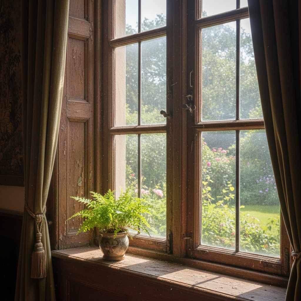 Szerokie ujęcie pięknego, starego drewnianego okna w klasycznym wnętrzu. Przez szybę wpada delikatne, poranne światło. Na parapecie stoi doniczka z zieloną rośliną. Okno jest estetyczne, ale widać na nim ślady upływu czasu, co sugeruje potrzebę renowacji.
