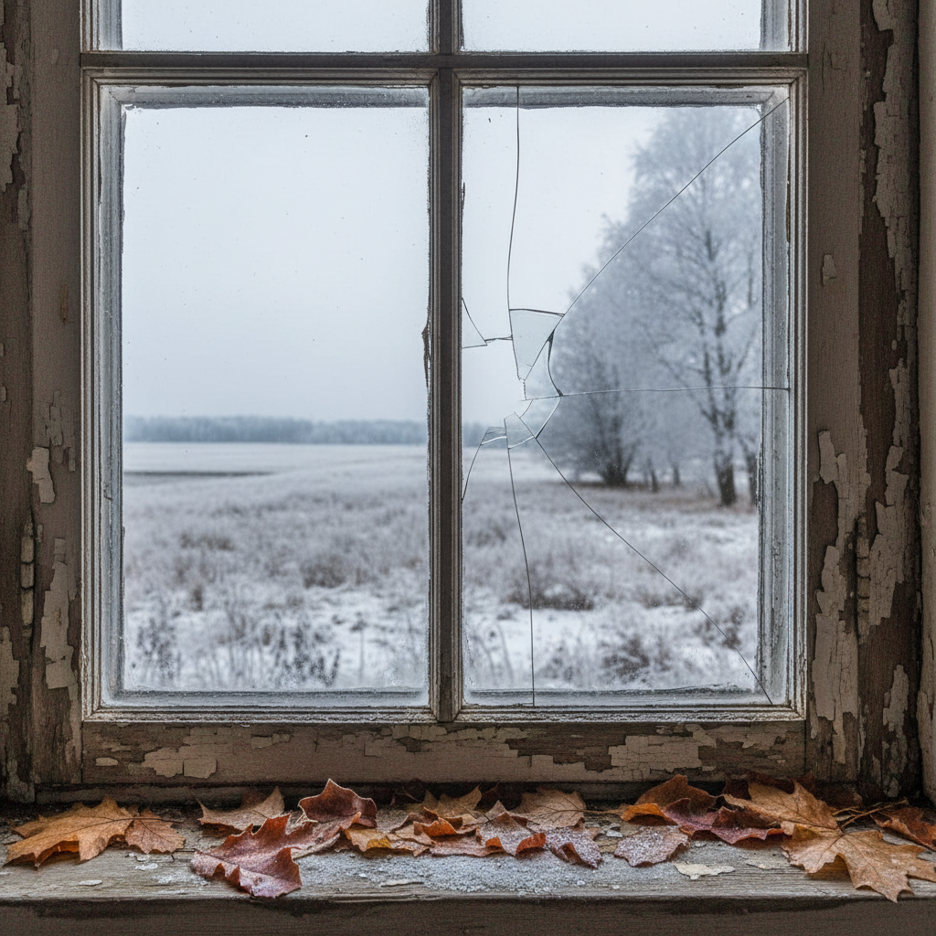 Zbliżenie na zniszczone, drewniane okno z łuszczącą się farbą i widocznymi szczelinami. Wokół ramy na parapecie leżą opadłe liście, a przez szczelinę widać zimowy, mroźny krajobraz za oknem, co sugeruje utratę ciepła.