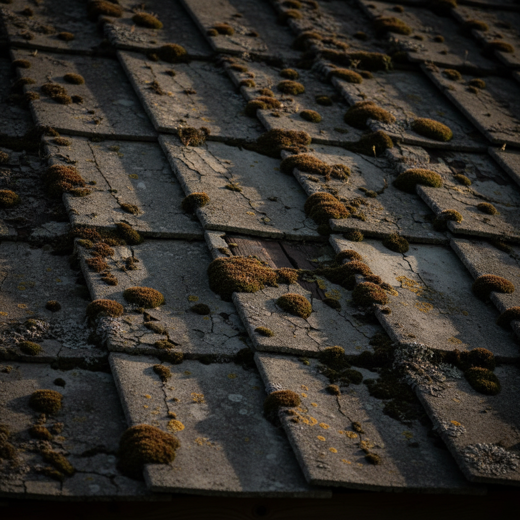 Zbliżenie na stary, zniszczony dach pokryty eternitem, z widocznymi pęknięciami i porostami mchu. Kadr jest lekko przyciemniony, co podkreśla niepokojący i groźny charakter materiału. Delikatne, popołudniowe światło pada na dach, uwydatniając jego zniszczoną fakturę.