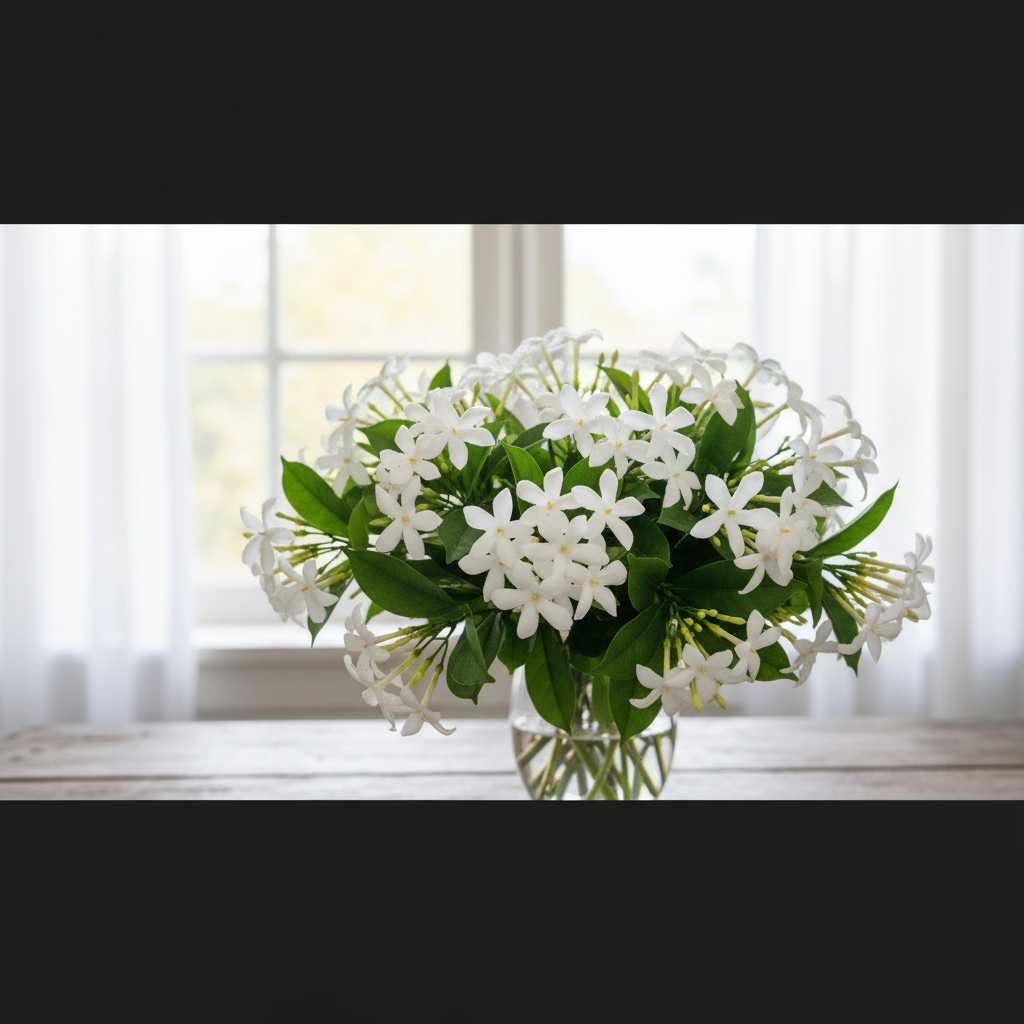 Piękna, żywa fotografia Stefanotisa bukietowego w pełnym rozkwicie. Zdjęcie ukazuje kiście czysto białych, gwiazdkowatych kwiatów o woskowych płatkach, kontrastujących z głęboką zielenią błyszczących liści. Oświetlenie jest miękkie i jasne, podkreślając delikatne szczegóły kwiatostanów. Ogólny nastrój jest elegancki, romantyczny i świeży.