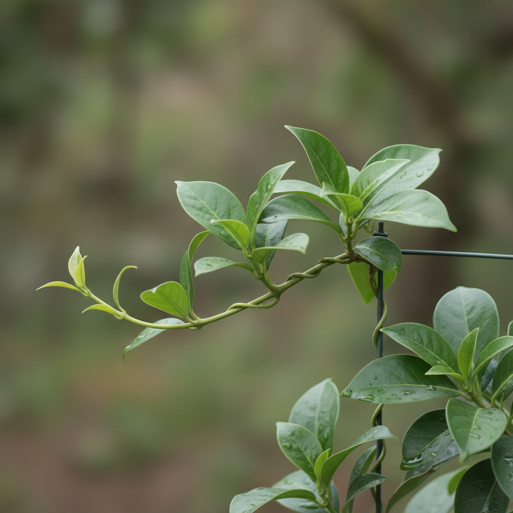 Zbliżenie na zdrowego Stefanotisa bukietowego. Ostrość skupiona jest na błyszczących, ciemnozielonych, skórzastych liściach oraz na elastycznym, zdrewniałym pędzie, który z gracją owija się wokół subtelnej podpory. Miękkie, naturalne światło oświetla scenę, tworząc spokojną i elegancką atmosferę, podkreślającą witalność rośliny.