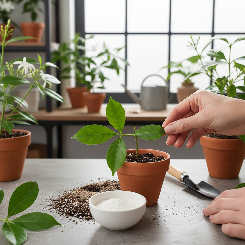 Czyste, dobrze oświetlone stanowisko pracy, ukazujące proces przygotowywania sadzonek Stefanotisa. Na pierwszym planie zdrowa sadzonka z dwiema parami liści jest zanurzana w proszku ukorzeniającym. W tle widoczna jest mała doniczka wypełniona mieszanką ziemi do sadzonek i piasku, gotowa do przyjęcia nowej rośliny. Scena ma charakter instruktażowy, jest pełna nadziei i pasji ogrodniczej.