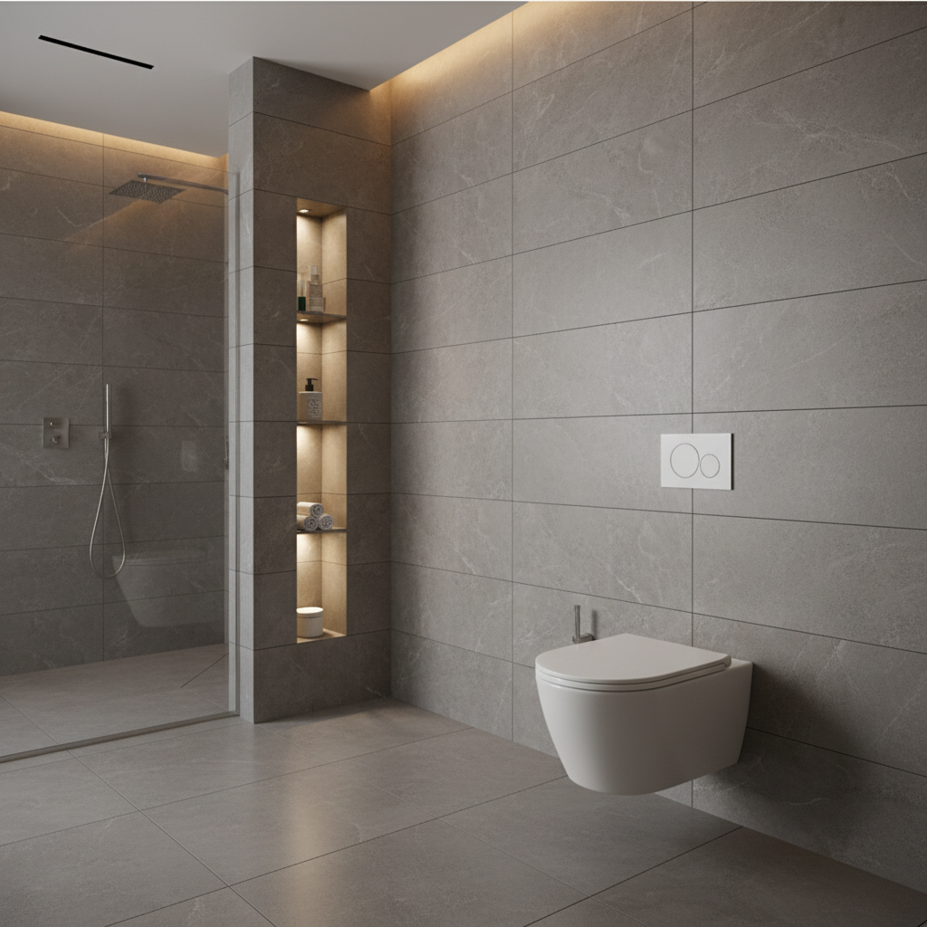 Elegancka łazienka z podwieszaną miską WC zamontowaną na ścianie wykończonej modnymi, wielkoformatowymi płytkami. Żadnych widocznych rur ani urządzeń, minimalistyczny i czysty wygląd. Ujęcie sugeruje, że cała skomplikowana technologia, w tym pompa, jest ukryta w ścianie.