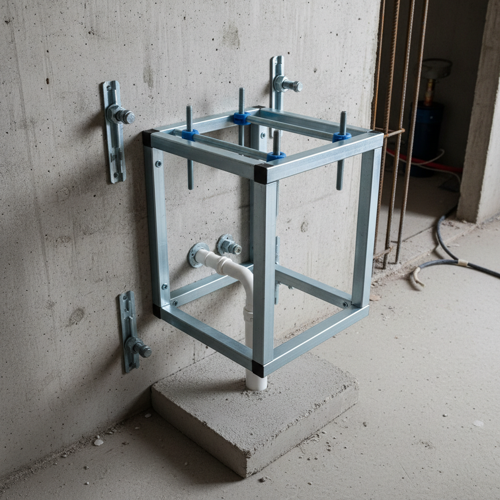 Widok solidnie zamontowanego metalowego stelaża podtynkowego WC, przykręconego do betonowej ściany i posadzki za pomocą grubych śrub. Widoczne są wszystkie elementy montażowe, podkreślające stabilność konstrukcji przed jej zabudowaniem.