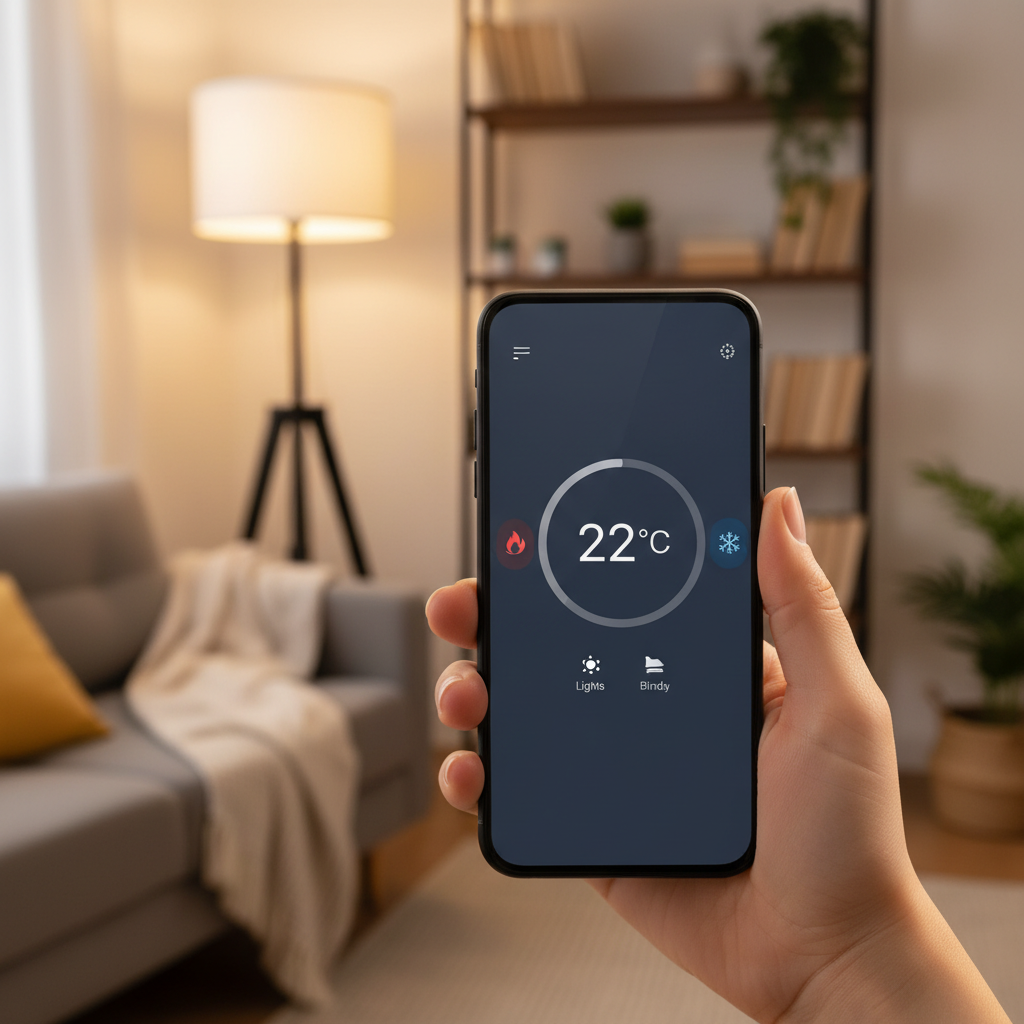 Zbliżenie na dłoń trzymającą nowoczesny smartfon z aplikacją do zarządzania inteligentnym domem. Na ekranie widać interfejs sterowania temperaturą, z ikonami ogrzewania i chłodzenia. W tle rozmyte, przytulne wnętrze domu.