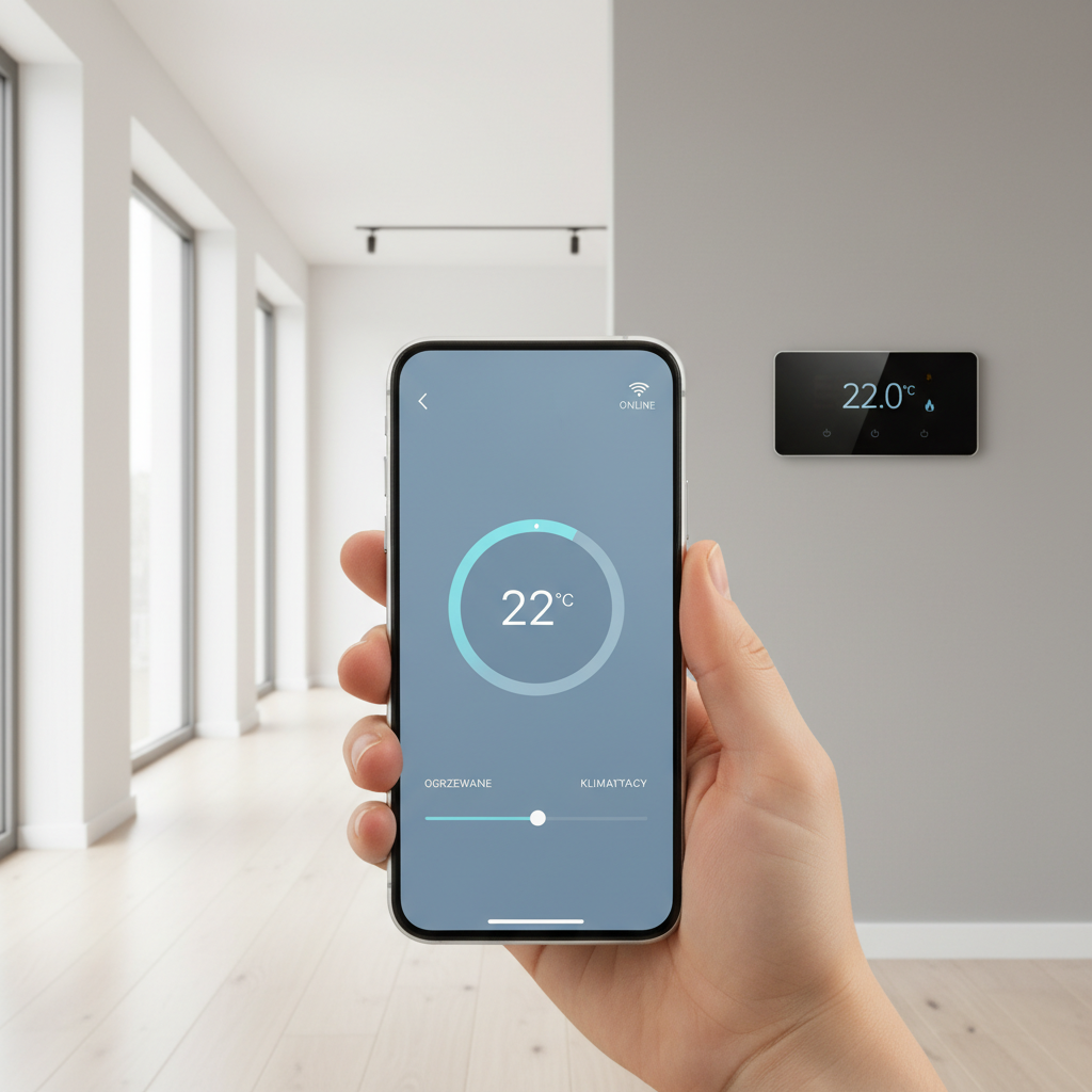 Nowoczesne, minimalistyczne wnętrze. W dłoni trzymany jest smartfon z aplikacją do sterowania inteligentnym domem. Na ekranie widać interfejs do regulacji temperatury ogrzewania. W tle, na ścianie, widoczny jest elegancki, cyfrowy termostat. Zdjęcie symbolizuje nowoczesność, kontrolę i wygodę.