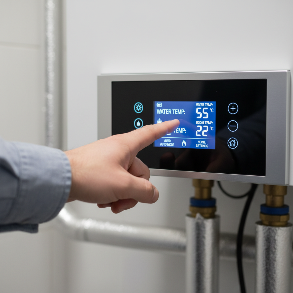 Zbliżenie na dłoń osoby, która swobodnie reguluje ustawienia na nowoczesnym, cyfrowym panelu sterowania kotła centralnego ogrzewania. Wyświetlacz jest podświetlony, pokazuje czytelne odczyty temperatury i intuicyjne ikony, co symbolizuje łatwość obsługi i zaawansowaną automatyzację.