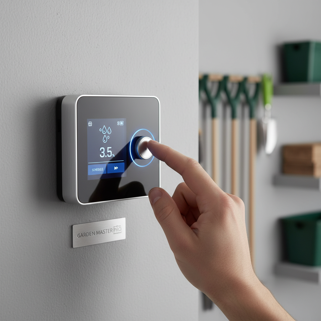 Zbliżenie na nowoczesny, naścienny sterownik do systemu nawadniania z cyfrowym wyświetlaczem. Dłoń reguluje ustawienia na urządzeniu. Tło to czysta, uporządkowana ściana w garażu lub pomieszczeniu gospodarczym. Zdjęcie ma symbolizować technologię, wygodę i pełną kontrolę nad ogrodem.