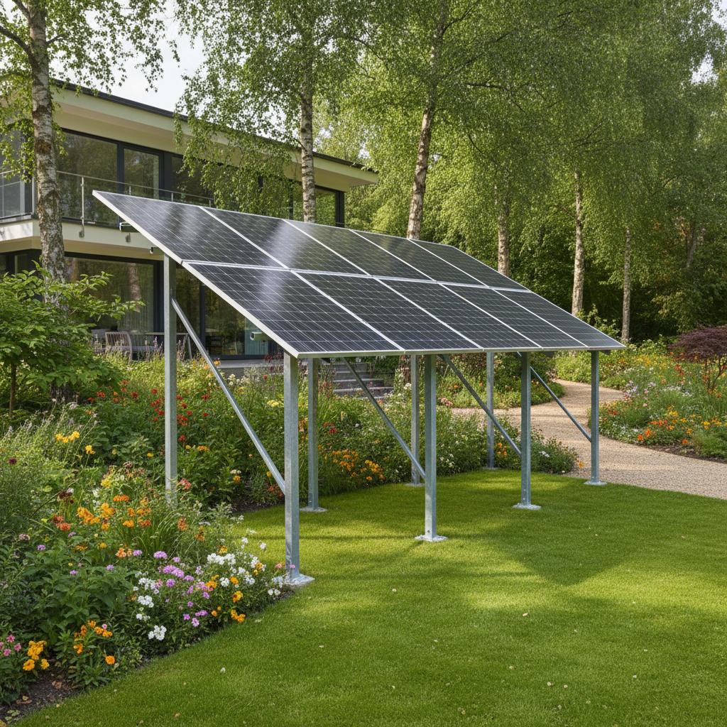 Kolektory słoneczne zamontowane na solidnej, metalowej konstrukcji wolnostojącej (stojakach) w rogu zadbanego, zielonego ogrodu. W tle widać fragment domu i drzewa. Scena pokazuje elastyczność montażu i harmonię technologii z naturą.