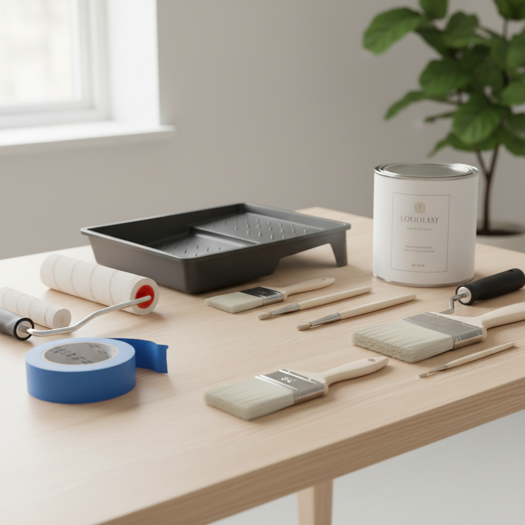 Estetycznie ułożone na drewnianym stole narzędzia malarskie: czyste pędzle, wałki, kuweta malarska, taśma malarska oraz zamknięta puszka z farbą o eleganckiej etykiecie. Tło jest jasne, minimalistyczne, w stylu skandynawskim, z delikatnym, rozmytym fragmentem rośliny doniczkowej w rogu. Oświetlenie jest miękkie i naturalne.