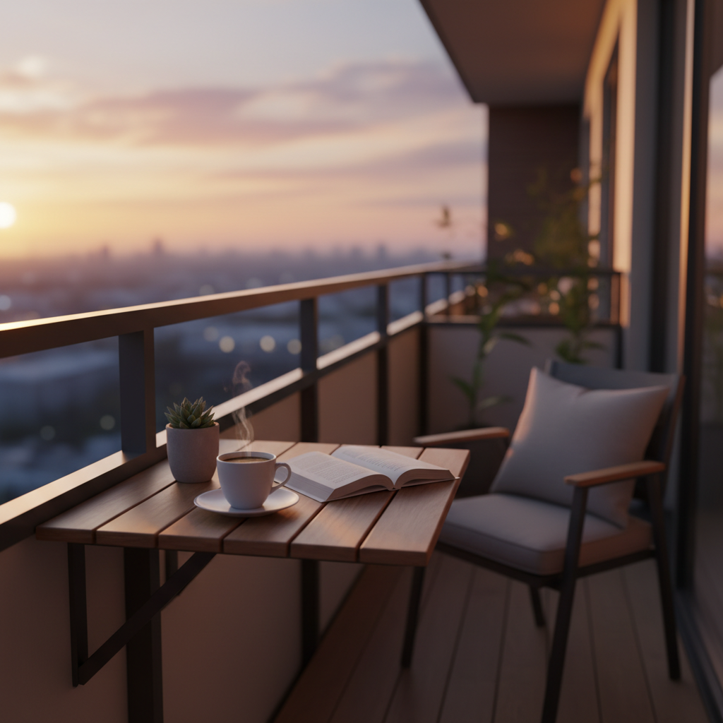 Przytulny, nowocześnie urządzony mały balkon o zachodzie słońca. Na pierwszym planie widoczny jest gotowy, wiszący narożny stolik z drewna, na którym stoi filiżanka z parującą kawą, otwarta książka i mała doniczka z sukulentem. W tle widać wygodne krzesło balkonowe z poduszką. Całość utrzymana w ciepłej, relaksującej atmosferze, pokazująca idealne wykorzystanie małej przestrzeni.