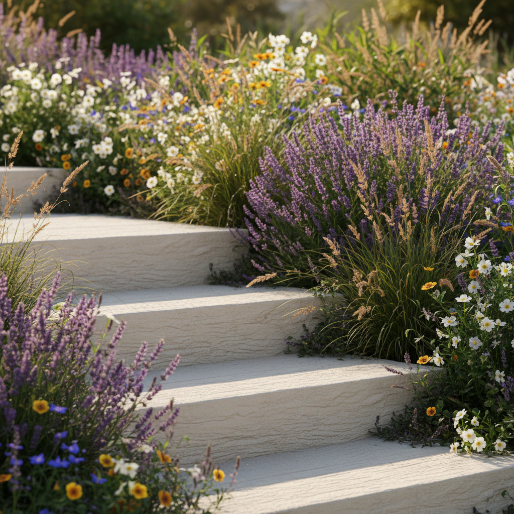 Zbliżenie na fragment schodów Madera w kolorze bianco, wkomponowanych w bujną, kwitnącą rabatę w ogrodzie w stylu rustykalnym. Na stopniach widać delikatne usłojenie imitujące drewno, a obok rosną lawendy i trawy ozdobne. Ciepłe, popołudniowe światło podkreśla naturalny charakter kompozycji.