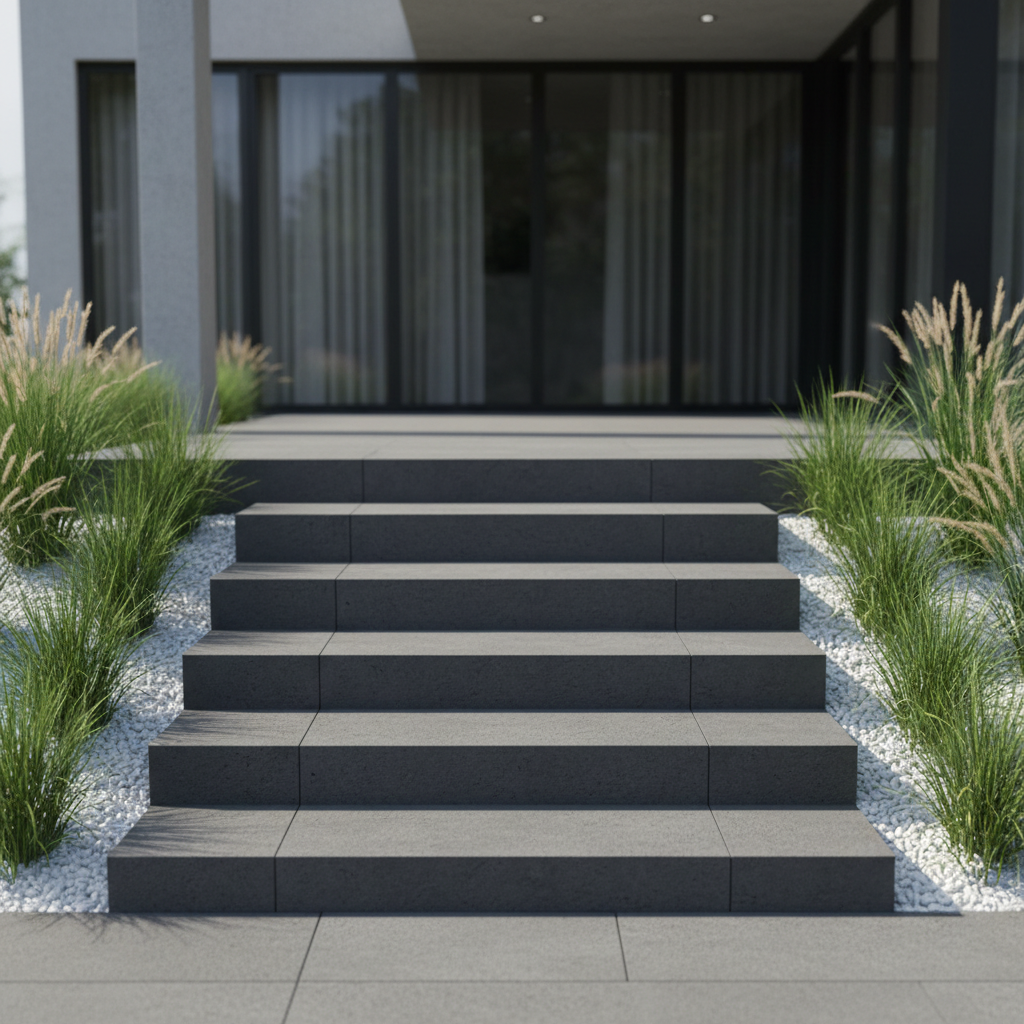 Czysta, minimalistyczna kompozycja przedstawiająca schody Maxima w kolorze antracytowym, prowadzące na nowoczesny taras. Schody są otoczone starannie przystrzyżonymi trawami ozdobnymi i białym grysem. W tle widać fragment elewacji nowoczesnego domu z dużymi oknami. Kompozycja jest geometryczna i uporządkowana.