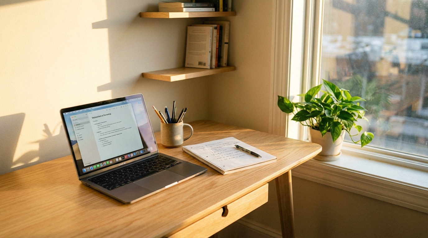 Jasne, drewniane biurko ustawione bokiem do dużego okna, przez które wpada ciepłe, poranne słońce. Na biurku stoi otwarty laptop, notatnik i kubek z przyborami. Obok biurka, na ścianie, wiszą minimalistyczne półki z kilkoma książkami, a na parapecie stoi doniczka z soczyście zieloną rośliną. Widok za oknem jest lekko rozmyty, skupiając uwagę na ergonomicznie zorganizowanym miejscu do nauki.