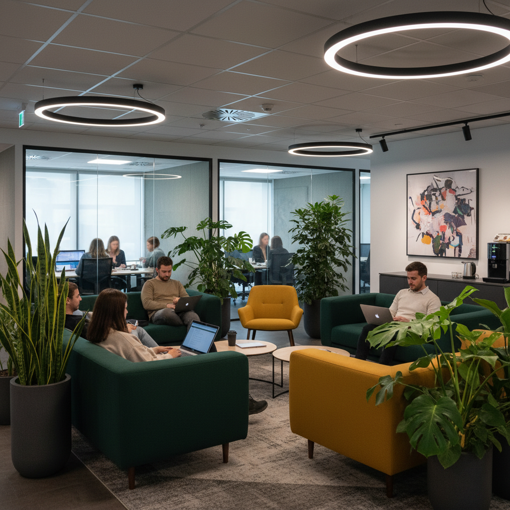 Nowoczesna strefa relaksu w biurze open space. Wygodne, designerskie kanapy i fotele w żywych kolorach (np. butelkowa zieleń, musztardowy), otoczone wysokimi roślinami doniczkowymi. W tle widać fragmenty przeszklonych ścian sal konferencyjnych. Atmosfera sprzyjająca kreatywności i nieformalnym spotkaniom. Miękkie, rozproszone oświetlenie.