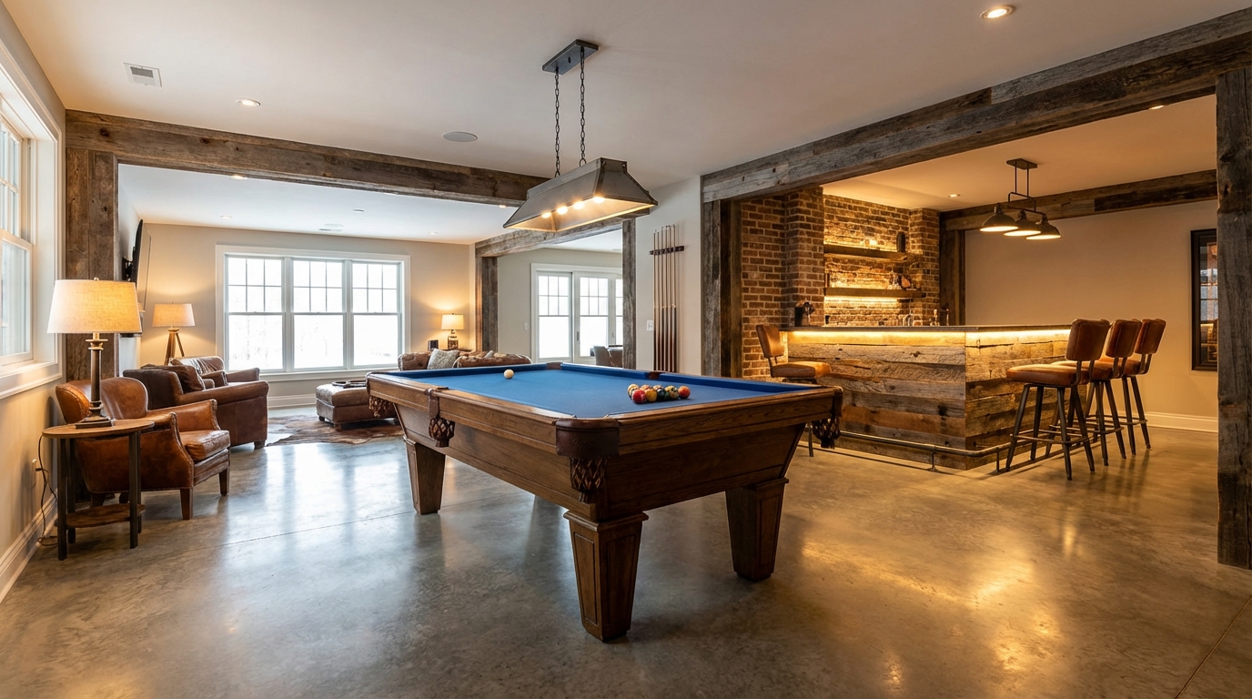 Szerokie ujęcie elegancko zaadaptowanej piwnicy, w której centrum znajduje się stół bilardowy oświetlony nowoczesną lampą. W tle widać stylowy, murowany barek z wysokimi krzesłami i dyskretnym oświetleniem LED. Całość utrzymana w ciepłej, industrialnej stylistyce z elementami drewna i surowej cegły. Pomieszczenie jest przestronne, jasne i przytulne, zapraszając do relaksu.