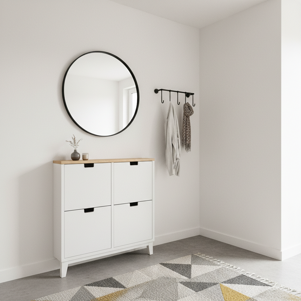 Jasny i dobrze zorganizowany, niewielki przedpokój w nowoczesnym mieszkaniu. Przy ścianie stoi wąska, biała szafka na buty z drewnianym blatem, nad którą wisi duże, okrągłe lustro w czarnej ramie. Obok znajduje się minimalistyczny wieszak na ubrania. Na podłodze leży stylowy dywanik. Całość jest dobrze oświetlona, tworząc przytulne i funkcjonalne wejście.