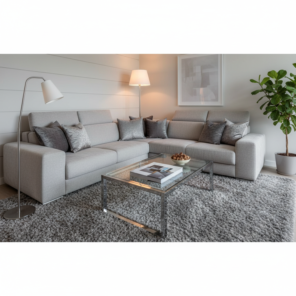 Elegancki kącik wypoczynkowy w salonie. W centrum znajduje się duża, komfortowa sofa narożna w kolorze jasnej szarości, ozdobiona aksamitnymi poduszkami w odcieniach grafitu i srebra. Przed sofą stoi nowoczesny, szklany stolik kawowy z chromowanymi nogami, na którym leży designerski album. Na miękkim, szarym dywanie stoi wysoka, smukła lampa podłogowa z chromowaną podstawą i białym abażurem, rzucająca ciepłe, nastrojowe światło.