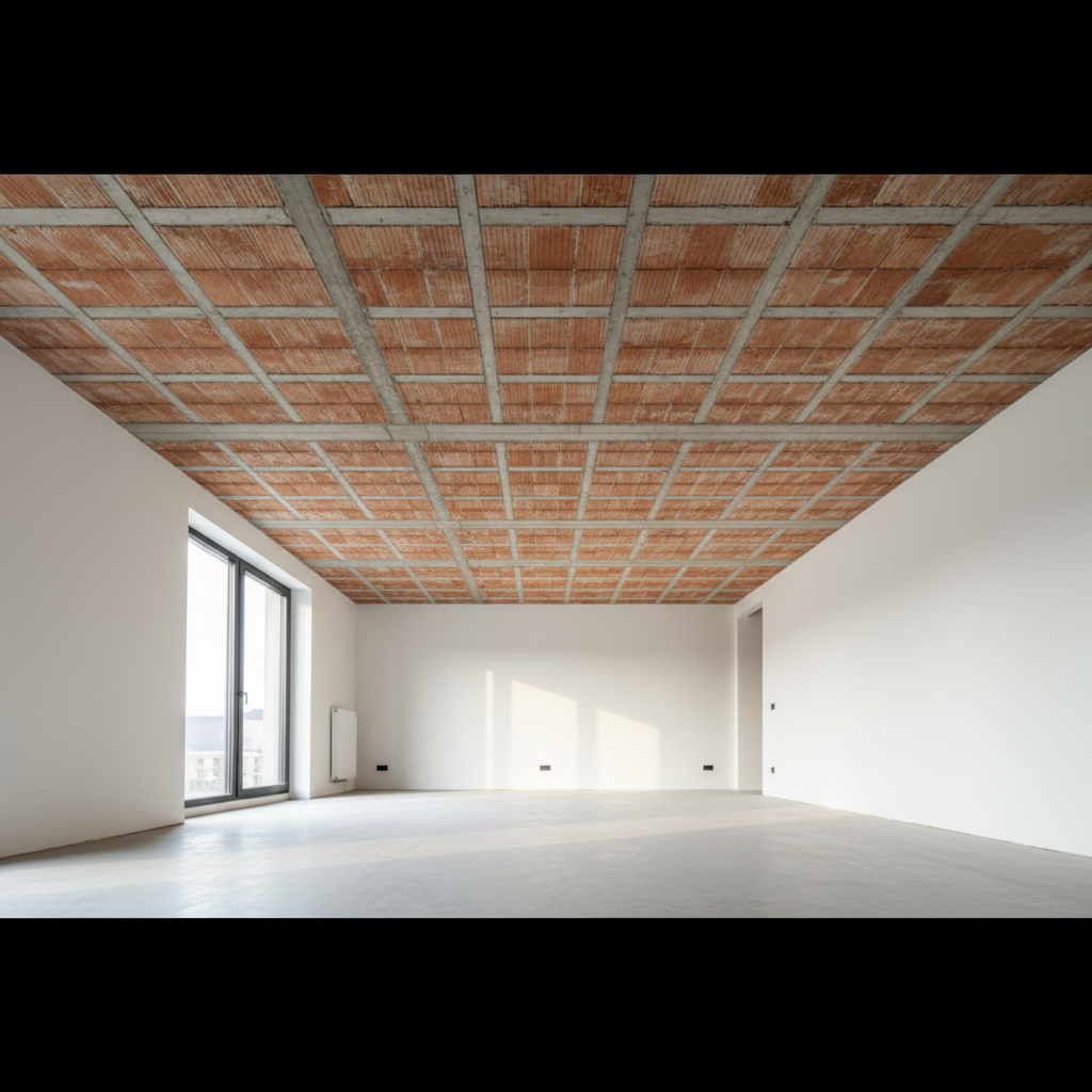 Czyste i równe wnętrze z widocznym od spodu stropem ceramicznym typu Ceram. Ciepłe, naturalne oświetlenie podkreśla regularny wzór pustaków i belek, tworząc estetyczne tło dla nowoczesnego, nieurządzonego jeszcze pomieszczenia.