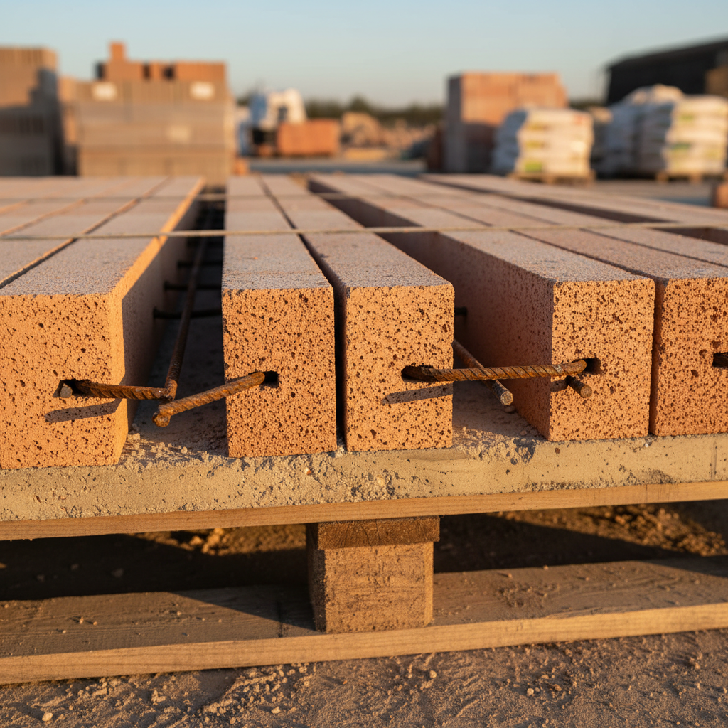 Realistyczne, szczegółowe ujęcie przekroju prefabrykowanej płyty stropowej Cerit. Widoczne są czerwone, ceramiczne pustaki o porowatej strukturze oraz zintegrowane z nimi żebra z betonu z widocznym zbrojeniem. Całość leży na drewnianych paletach na placu budowy, oświetlona porannym słońcem.