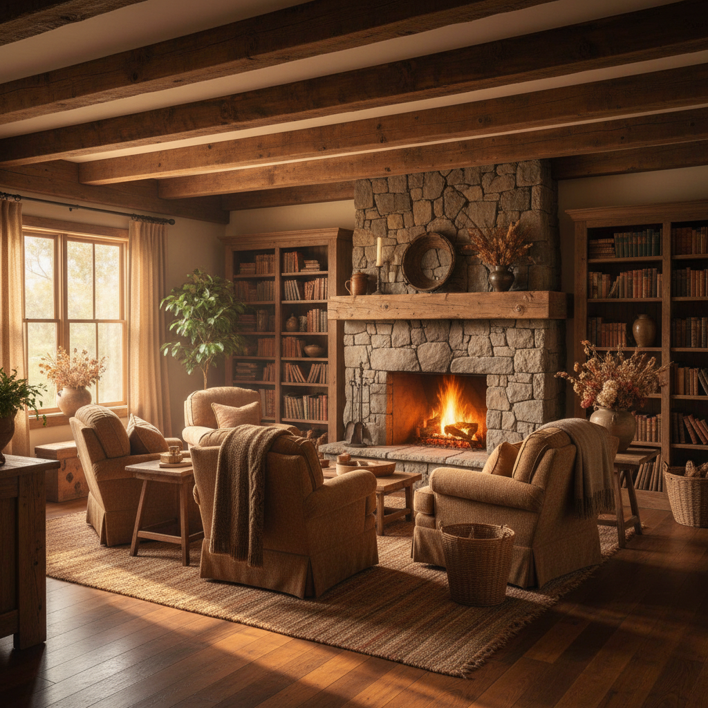 Ciepłe i przytulne wnętrze domu w stylu rustykalnym, z widocznymi, masywnymi belkami stropowymi z ciemnego, litego drewna. Miękkie światło wpadające przez okno oświetla drewnianą podłogę i kamienny kominek.