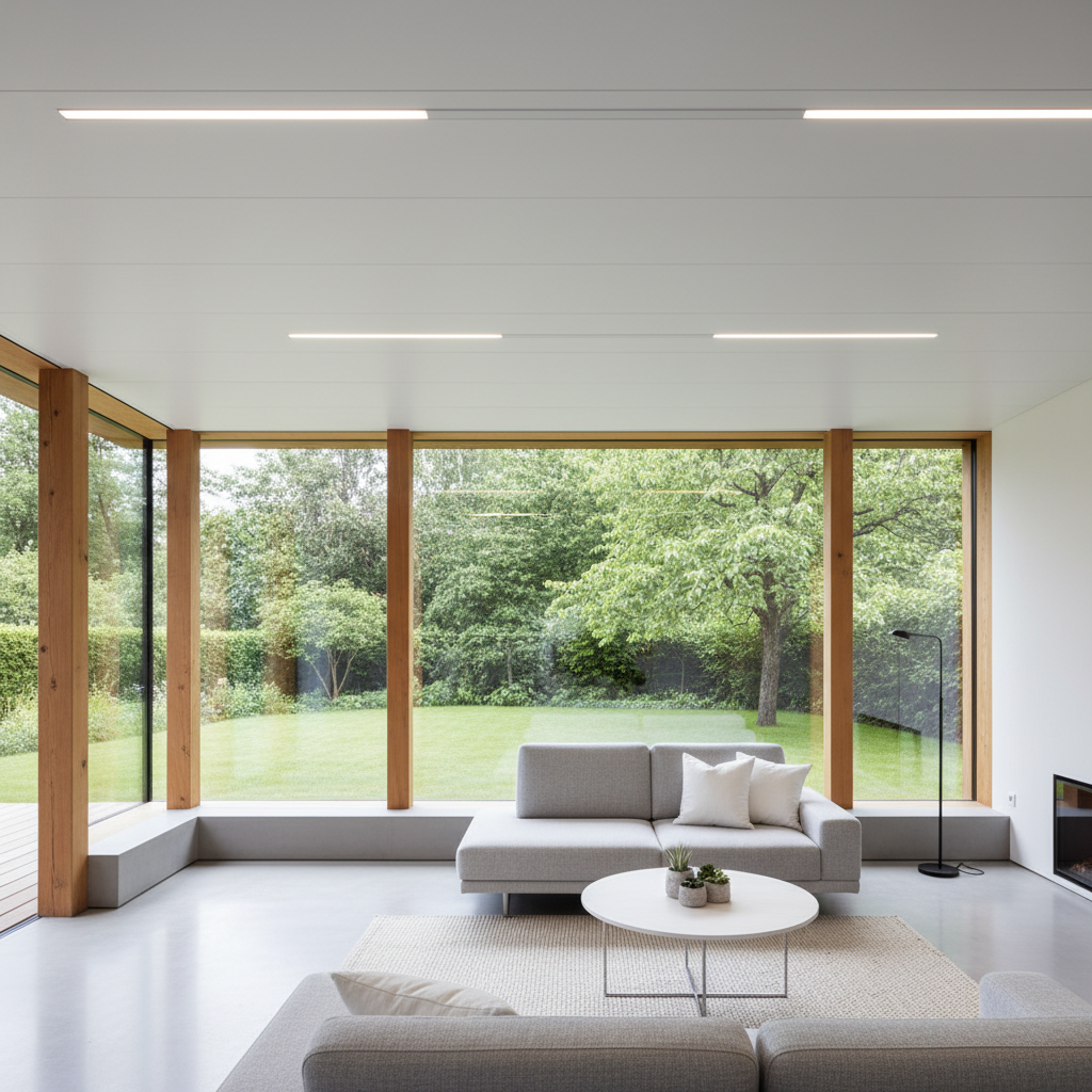 Jasny, minimalistyczny salon w domu o konstrukcji drewnianej. Strop jest gładki, wykończony białymi płytami, z nowoczesnym oświetleniem. Duże okno wychodzi na zielony ogród, tworząc wrażenie przestronności i bezpieczeństwa.
