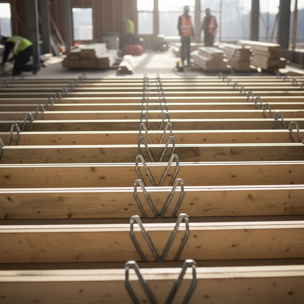 Jasna, przestronna konstrukcja stropu Posi-Joist w trakcie budowy. Widoczne są charakterystyczne metalowe łączniki w kształcie litery V, łączące górne i dolne pasy drewniane. Przez otwartą konstrukcję przenika światło dzienne.