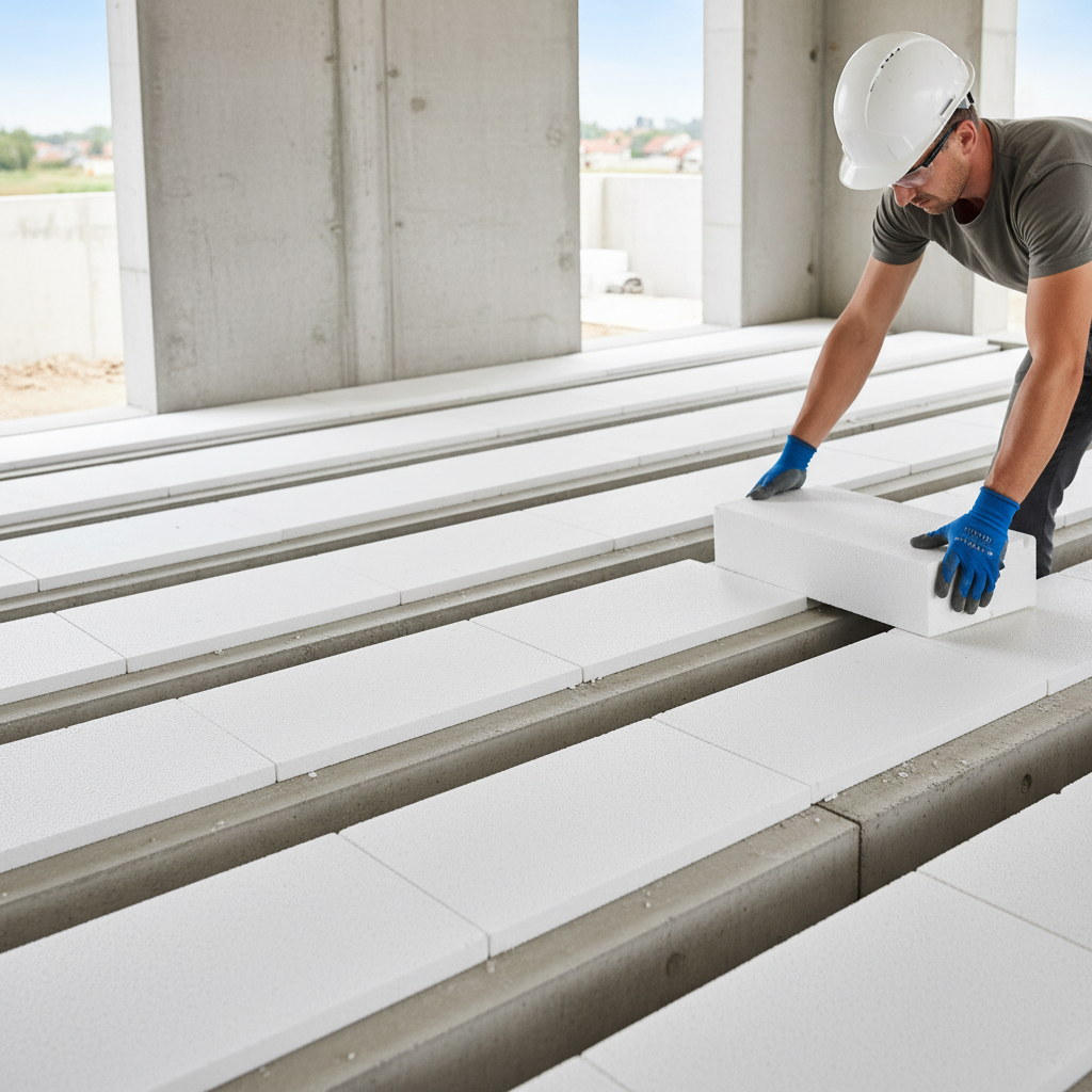 Zbliżenie na montaż stropu gęstożebrowego TERIVA LIGHT. Widoczne są charakterystyczne białe kształtki styropianowe układane pomiędzy betonowymi belkami stropowymi. Czysta, nowoczesna budowa. Jeden z pracowników w kasku układa kolejny element. Oświetlenie jasne, naturalne, podkreślające lekkość i prostotę systemu.