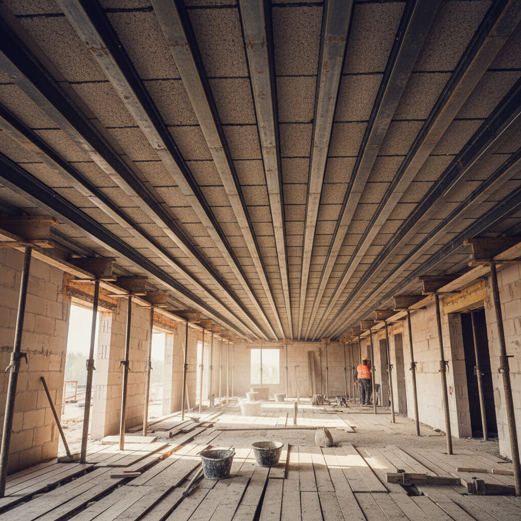 Montaż stropu gęstożebrowego typu TERIVA w trakcie budowy domu jednorodzinnego. Widoczne charakterystyczne, szare pustaki z keramzytobetonu układane pomiędzy stalowo-betonowymi belkami, podparte stemplami budowlanymi. Słoneczny dzień, perspektywa z wnętrza budowy.