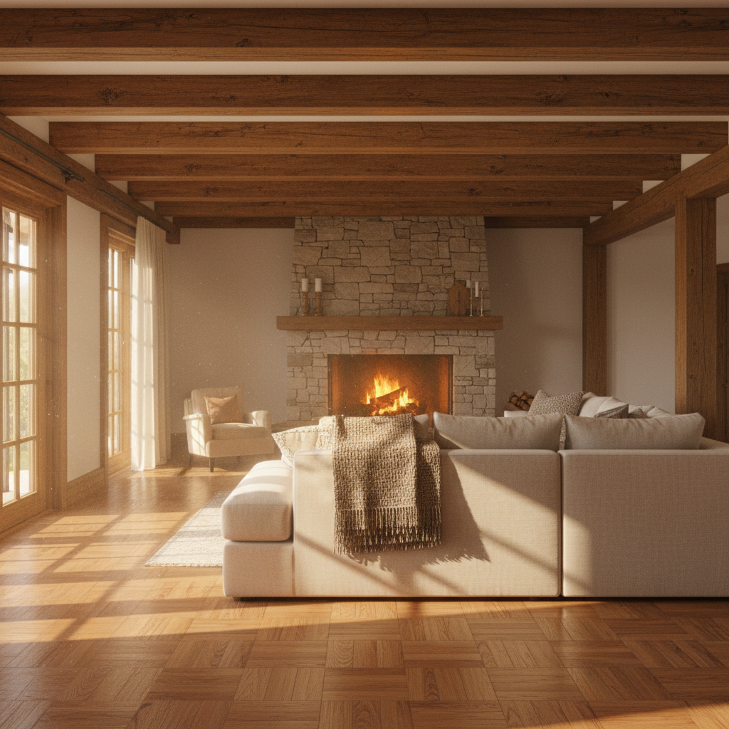 Ciepłe, przytulne wnętrze domu z widocznymi, masywnymi belkami stropowymi z litego drewna. Na podłodze drewniany parkiet, w tle kominek i miękka kanapa. Światło jest ciepłe i naturalne.