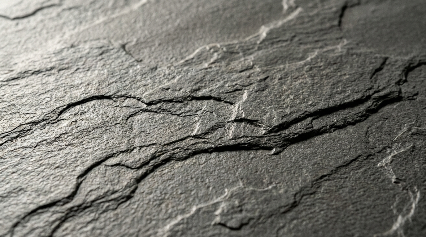 Makro ujęcie powierzchni matowej, szarej płytki gresowej. Widać na niej subtelną, nieregularną strukturę imitującą naturalny kamień łupkowy (relief). Światło pada pod kątem, podkreślając każdą nierówność i fakturę, co wizualnie komunikuje jej antypoślizgowe właściwości.