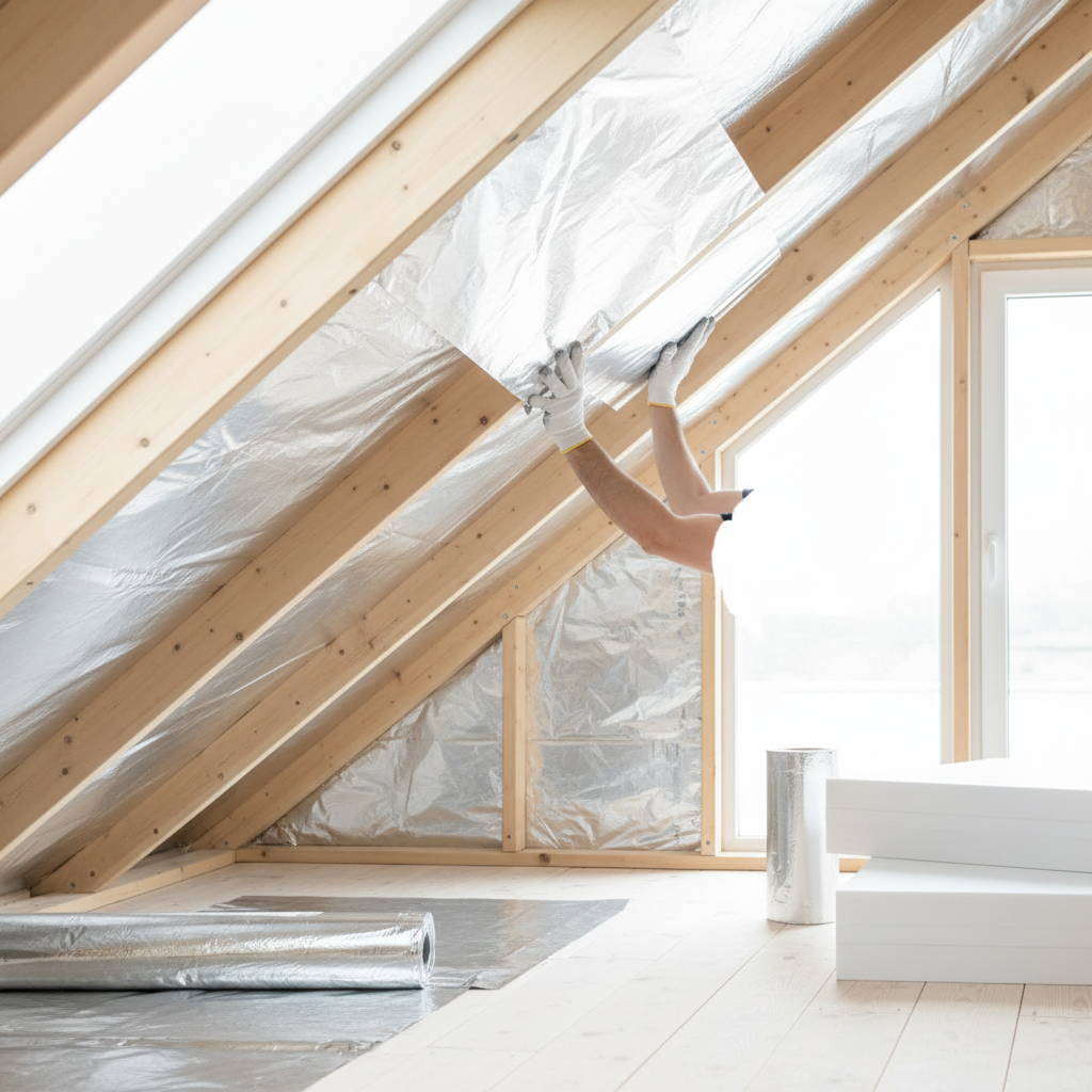 Czyste i estetyczne ujęcie przedstawiające montaż nowoczesnej, antyalergicznej izolacji, na przykład srebrnej folii izolacyjnej lub białych płyt, na skosach dachu na poddaszu. W kadrze widać dłonie pracownika w czystych rękawicach, precyzyjnie dociskającego materiał. Scena jest jasna, uporządkowana i podkreśla nowoczesność i dbałość o detale.