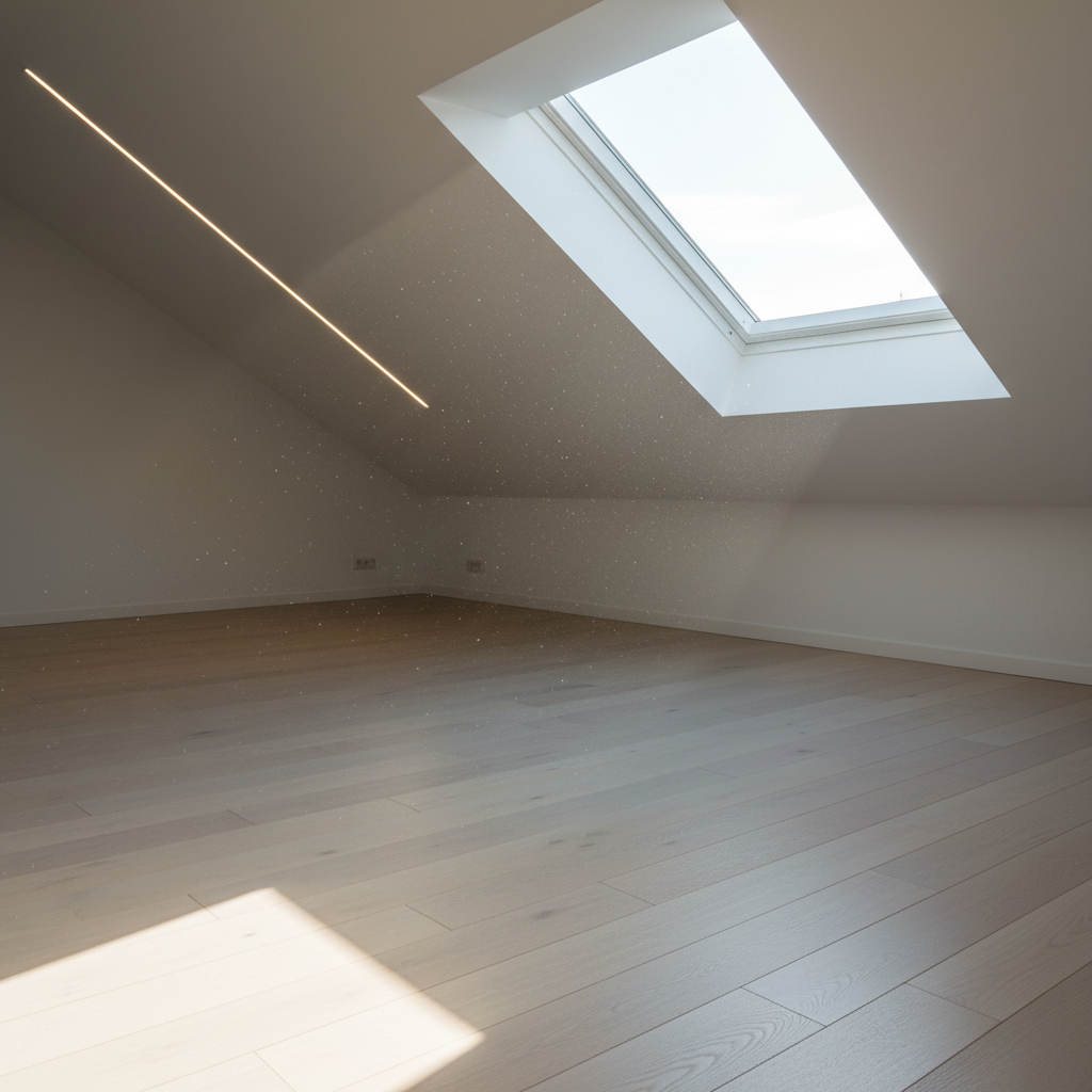 Ujęcie fragmentu gotowego, zaadaptowanego strychu. Widać fragment idealnie gładkiej, jasnej podłogi z drewna lub paneli. Na suficie widoczne są nowoczesne, wbudowane lampy LED. Przez duże okno dachowe wpada słońce, oświetlając cząsteczki kurzu tańczące w powietrzu, co subtelnie podkreśla znaczenie czystości i jakości powietrza. Całość jest jasna, czysta i minimalistyczna.