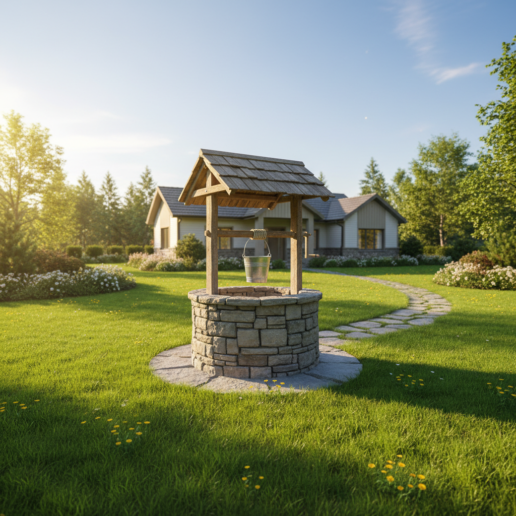 Czyste, estetyczne ujęcie nowo wybudowanej studni cembrowinowej na tle zielonego, zadbanego trawnika przy domu jednorodzinnym. Słoneczny dzień, ciepłe światło. Studnia jest centralnym, ale nie dominującym elementem.