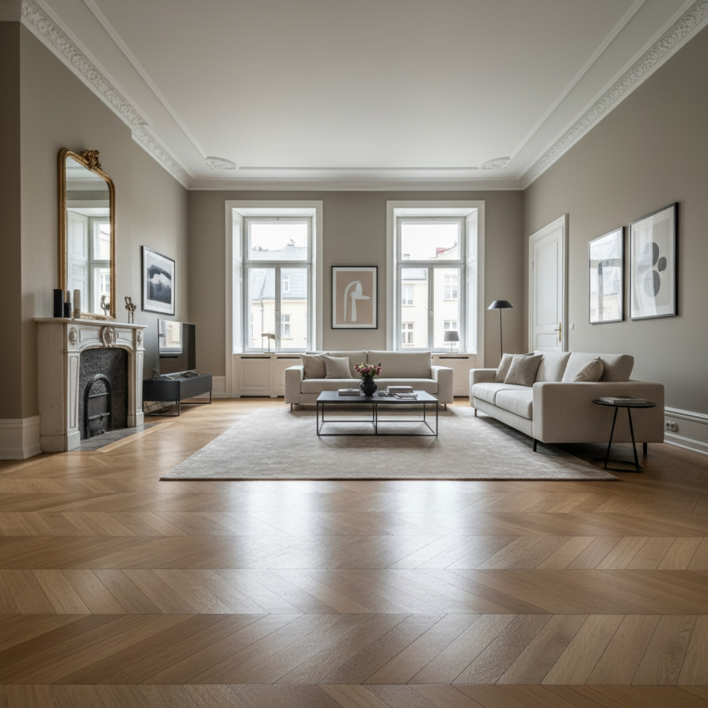 Szerokie ujęcie eleganckiego, przestronnego salonu w odrestaurowanej kamienicy z wysokimi sufitami. Na pierwszym planie widać piękną, nowo ułożoną drewnianą podłogę w jodełkę, która lśni w świetle wpadającym przez duże okna. W tle widać minimalistyczne, nowoczesne meble, które kontrastują z historycznym charakterem wnętrza, podkreślając jakość i ponadczasowość podłogi.