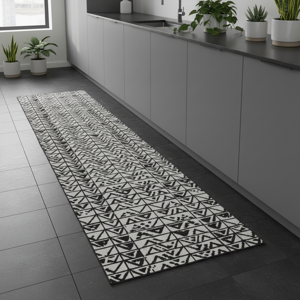 Długi, wąski chodnik z geometrycznym, czarno-białym wzorem, leżący na podłodze z ciemnych płytek w nowoczesnej kuchni z grafitowymi szafkami. Dywan stanowi mocny kontrast i jest głównym elementem dekoracyjnym. Na blacie stoi kilka zielonych roślin w doniczkach.