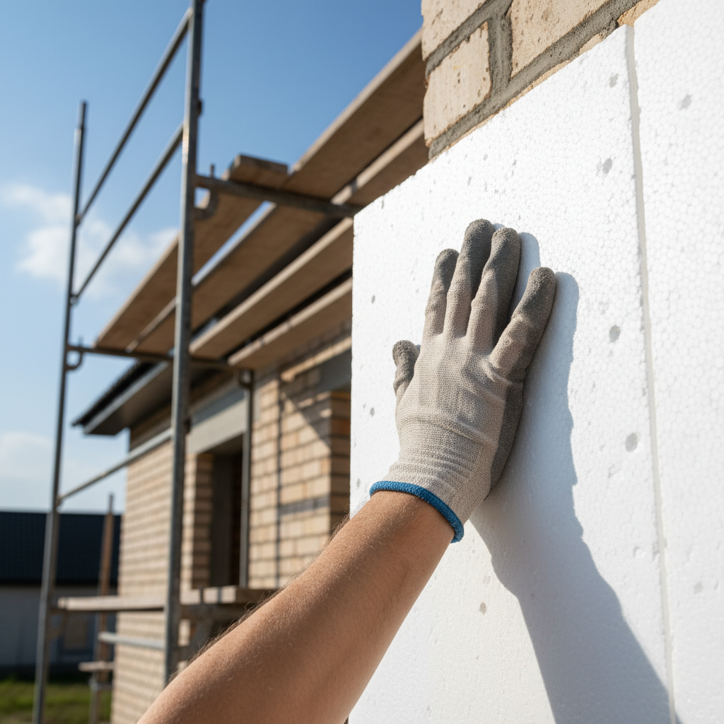 Zbliżenie na dłoń pracownika w rękawicy, który precyzyjnie dociska dużą, białą płytę styropianową do ściany nowo budowanego domu. W tle widać fragmenty rusztowania i błękitne niebo.