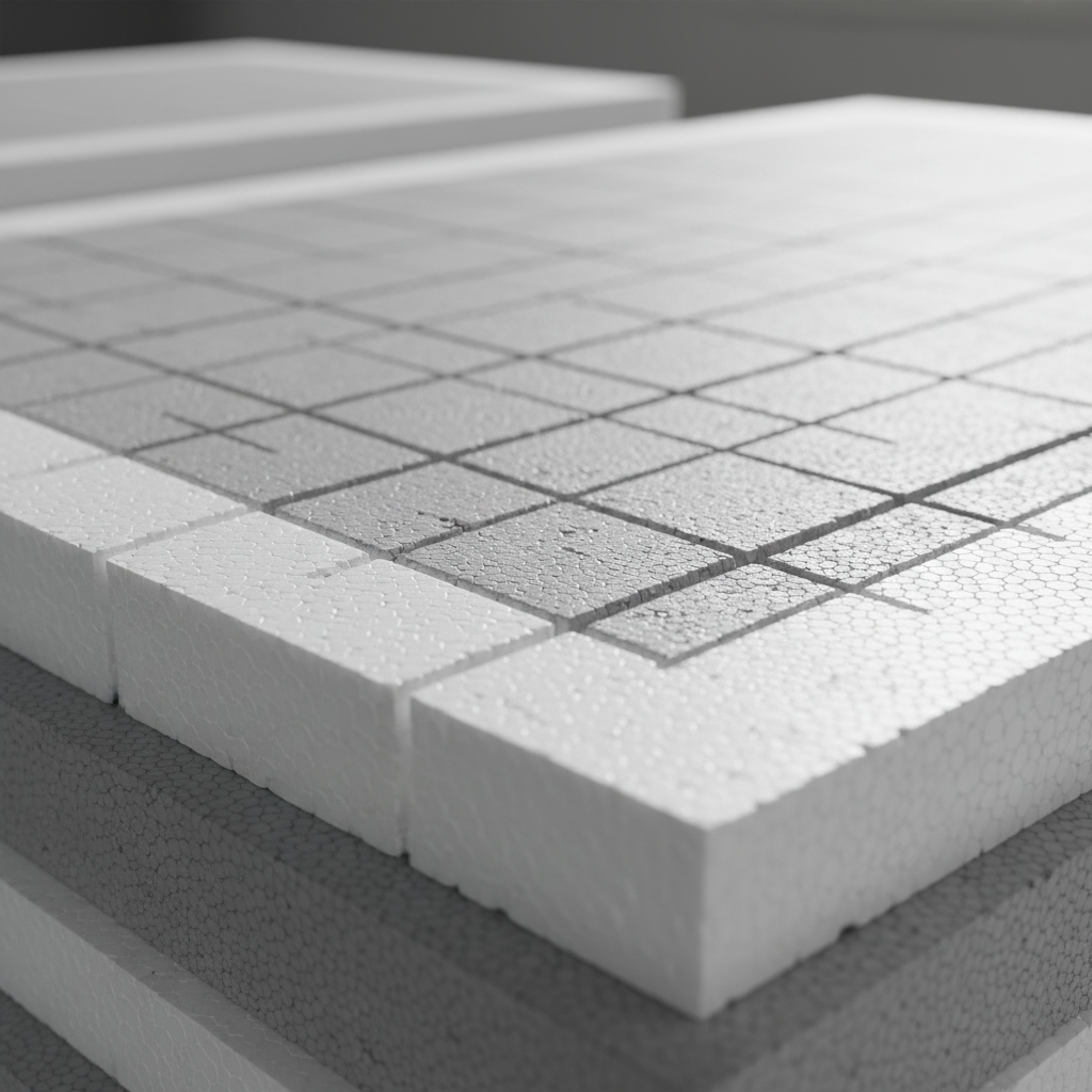 Zbliżenie na płytę szarego styropianu LAMBDA WHITE®, ukazujące białą warstwę ochronną oraz siatkę precyzyjnych nacięć przeciwprężnych. Światło pada na płytę, podkreślając jej teksturę i innowacyjną konstrukcję.