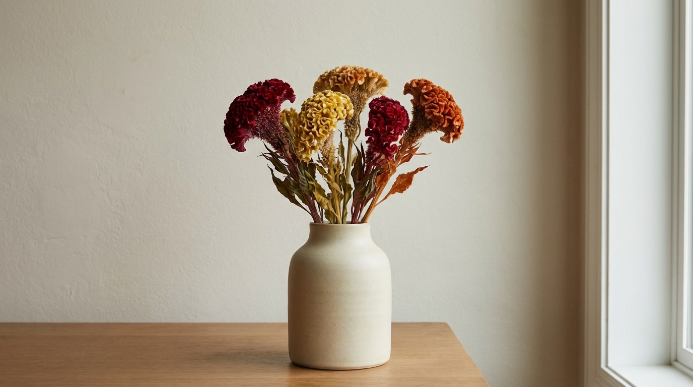 Stylowa, minimalistyczna kompozycja przedstawiająca kilka zasuszonych kwiatostanów celozji w różnych kolorach (czerwony, żółty, pomarańczowy) włożonych do prostego, ceramicznego wazonu. Tło jest neutralne, co podkreśla teksturę i barwę suszonych kwiatów.