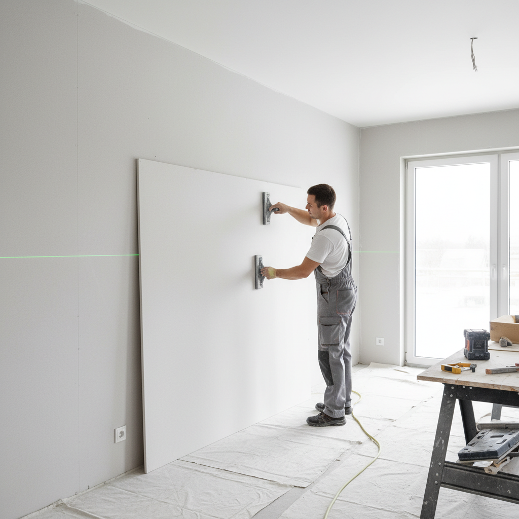 Jasne i czyste ujęcie przedstawiające montera precyzyjnie dociskającego dużą, białą płytę gipsowo-kartonową do ściany. Wokół panuje porządek, co kontrastuje z typowym bałaganem przy tradycyjnych tynkach. Ujęcie podkreśla nowoczesność i czystość tej metody.
