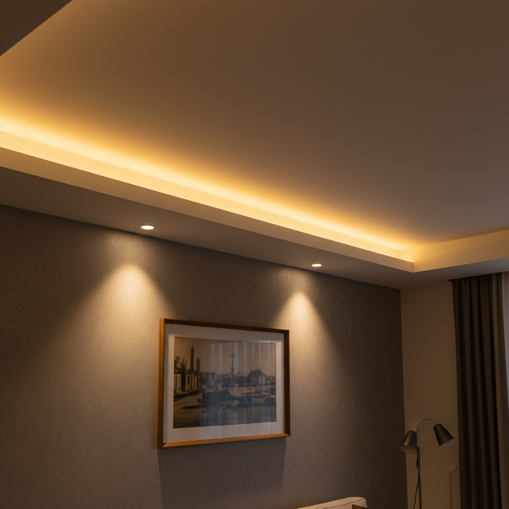 Zbliżenie na fragment nowoczesnego sufitu podwieszanego w salonie wieczorową porą. Widoczne są wpuszczane, minimalistyczne oprawy punktowe rzucające ciepłe światło na ścianę z obrazem oraz ukryta taśma LED w specjalnej wnęce, tworząca delikatną, złotą poświatę rozchodzącą się po suficie. Całość tworzy przytulną i intymną atmosferę.