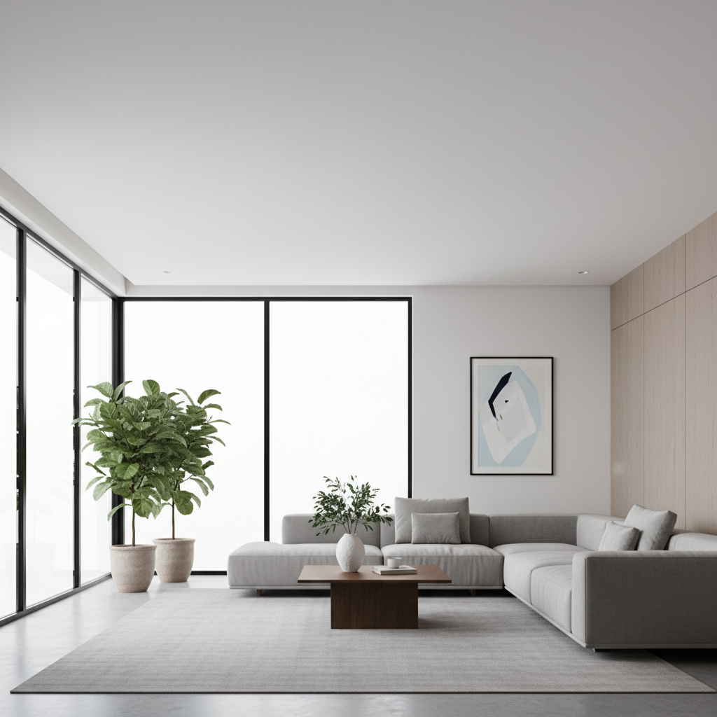 Szerokie ujęcie eleganckiego, nowoczesnego salonu z dużymi oknami. Główne światło pada na idealnie gładki, biały sufit, który nie odbija światła i nie ma żadnych smug ani niedoskonałości. Wnętrze jest minimalistyczne, z sofą, stolikiem kawowym i kilkoma roślinami, co podkreśla czystość i przestronność pomieszczenia.